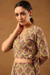 Classic 100% Cotton <b>Moss</b> <b>Green</b> With Rouge Pink Floral Printed Wrap Top & Elasticated Pant Women's Comfy Co-Ord Set - Product Image 5