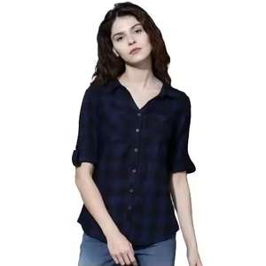 Camisa a cuadros de algodón con cuello abotonado para mujer personalizada con estampado de manga larga y posición de logotipo frontal de tela Oxford - Product Image 1