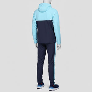 Ensemble de survêtement léger bicolore bleu clair et bleu marine pour homme avec veste à capuche zippée et pantalon de jogging assorti à rayures latérales - Product Image 4