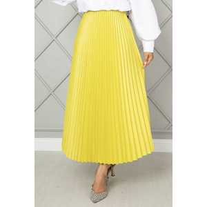 <b>Elastic</b> Waist Midi <b>Skirt</b> Fluorescent Yellow Satin and Spandex Breathable Soft with Pleats Digital Printed Plain Sweet Style - Product Image 5