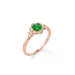 Elegante Anillo Redondo con Esmeralda Natural y Halo de Diamantes en Oro Real de 14K, Anillo de Piedra Natalicia con Forma Hexagonal, Anillo de Boda Floral - Product Image 3