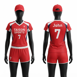 Ensemble d'uniformes de volley-ball pour femmes en polyester interlock 160 GSM, rouge et blanc, avec logo personnalisé par sublimation - Product Image 1
