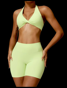 Ensemble de yoga 4 pièces pour femmes, tenue d'entraînement respirante en Spandex/Nylon pleine longueur avec logo frontal - Product Image 3
