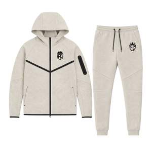 Mens Tech <b>Fleece</b> Windrunner Full-Zip <b>Hooded</b> <b>Jacket</b> and Joggers Tracksuit Sweatsuit Light Grey Athletic Training Activewear Set - Product Image 1