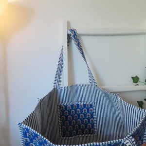 Sacs fourre-tout en coton matelassé vintage pour femme, style bohème, imprimé hiver, avec fermeture éclair - Poches intérieures légères, bleu - Product Image 4