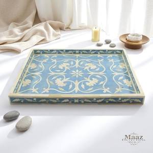 Beau plateau d'incrustation d'os à motifs floraux bleus fait à la main plateau de service décoratif en bois de luxe écologique décor à la maison en gros - Product Image 2