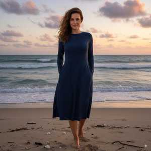 Vestido Midi Azul Marino de Manga Larga, Vestido de Color Sólido para Oficina Informal y Uso Diario - Product Image 5