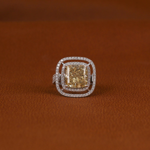 Custom Yellow <b>Cushion</b> Cut Lab Grown Diamond 18KT Solid White Gold Jewelry Latest Design Bling Engagement Ring <b>for</b> Gift - Product Image 1