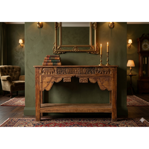 Mesa Consola Tallada a Mano en Madera, Estilo Rústico Contemporáneo, Convertible con Espejo, para Entrada, Villa, Sala de Estar, Decoración de Hotel - Product Image 2