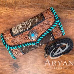 Cartera tallada a mano, funda de teléfono de embrague, elegante, multiusos, carteras de cuero de piel de vaca, Cartera de Color turquesa para mujer - Product Image 1