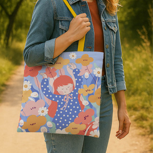 Happy Girl Solid Color <b>Canvas</b> Tote <b>Bag</b> with Zipper <b>Drawstring</b> Closure Customizable Logo Portable Cotton Lining for All Seasons - Product Image 2