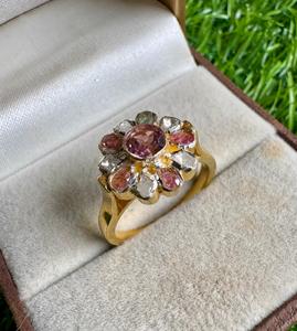 แหวนค็อกเทลวินเทจเงินแท้ 925 ชุบทอง ประดับเพชรทรงกลมและทัวร์มาลีนสีชมพูธรรมชาติ - Product Image 6