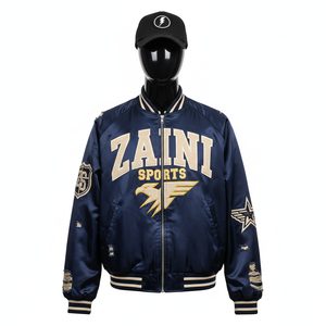 Chaqueta Bomber Satinada de Alta Calidad, 240 GSM, Azul Marino, Logotipo Personalizado Bordado, Parche de Chenilla, Cuello Acanalado, Chaqueta Satinada para Hombre - Product Image 1