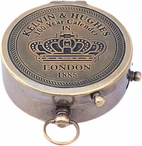 Vintage Classic Copper Kelvin Hughes Compass Keychain with 100 Year <b>Calendar</b> | Rectangle Pattern Navigational Tool - Product Image 1