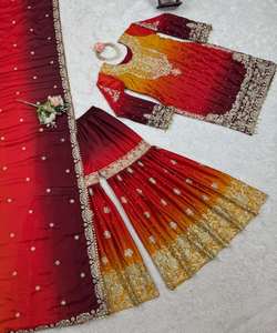 CUENTAS DE CREPÉ FANCY WORK TOP SHARARA CON DUPATTA FESTIVE WEAR PRECIO AL POR MAYOR PRENDA ÉTNICA DISEÑADOR DE COLOR ROJO PAKISATNI INDIO - Product Image 2