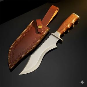 Cuchillo Bowie de Acero de Damasco Hecho a Mano Personalizado para Caza y Campamento |   Cuchillo de Hoja Fija con Mango de Madera y Funda de Cuero (OEM Disponible) - Product Image 1
