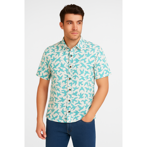 Men's Aqua Blue Bird Print Casual <b>Half</b> Sleeve Poplin Cotton <b>Shirt</b> Breathable <b>Button</b>-Up Collar Western Style XL 3XL (SHKN1075) - Product Image 1