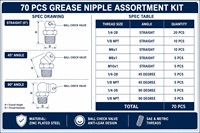 Kit d'assortiment de 70 embouts de graissage Zerk, filetages métriques SAE pour la lubrification des machines