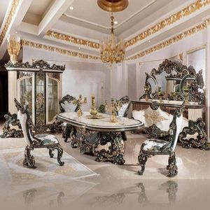 Ensemble de table à manger de luxe Emma de l'hôtel Monarchia, en teck massif, noir et or, sculpté à la main, meubles de palais royal - Product Image 3