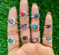 Bagues ajustables en laiton plaqué argent avec pierres précieuses naturelles Soleil et Lune, étanches, en acier, style vintage parfait, les plus vendues en gros