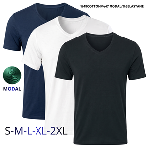 Sous-vêtement pour homme à col en V et manches courtes, couleur unie, respirant, à porter toute l'année, tissu modal - Product Image 2