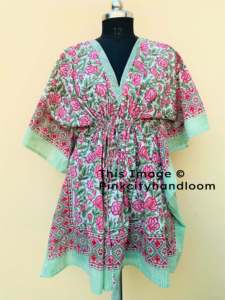 100% algodón Natural hecho a mano Bikini cubrir Caftan ropa de noche bloque impreso ropa de dormir acolchado Albornoz vestido Maxi para mujer - Product Image 6