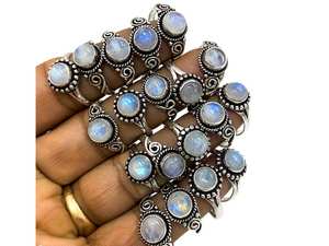 Superbe lot en gros de pierres de lune arc-en-ciel rondes serties en bézel, plaqué argent sterling 925 massif, fabrication artisanale Baho - Product Image 3