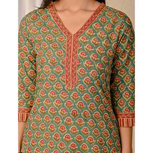 Conjunto de Kurta y Pantalón de Algodón Estampado Butta Block Verde Mar para Niñas, Traje Étnico Estilo Indio Pakistaní para Fiesta, Tela de Red Cosida - Product Image 2