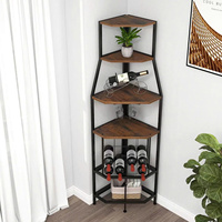 Étagère à vin d'angle à 5 niveaux réglable en hauteur avec porte-verres, étagère de bar en métal et panneau en bois pour la cuisine, la salle à manger, le bar à domicile