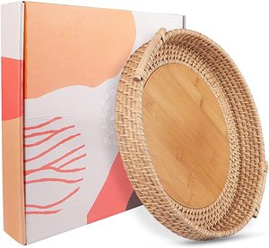 Plateau de service rond en chocolat Meilleure vente Plateau de service en rotin et jute de grande taille Plateau à dessert pour hôtel et restaurant - Product Image 1