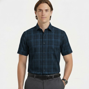 Chemise habillée pour homme personnalisée, rayée, en fil de bambou teint, coupe classique, manches courtes, style formel écologique - Product Image 5