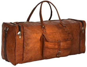 Bolsa de lona vintage de cuero marrón con cierre de cremallera y bolsillo frontal para viajes estilo fin de semana - Product Image 4