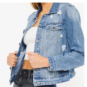 Trending European and American Washed Denim <b>Short</b> Jackets Slim Fit Fashion Blue Jacket <b>for</b> <b>Women</b> Raw Edge Blue Holes Denim - Product Image 2