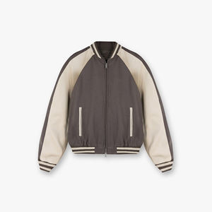 Vintage marron pour la crème Varsity Jacket pour hommes rétro Bomber veste fermeture à glissière élégant collège d'inspiration contraste 100% laine - Product Image 5