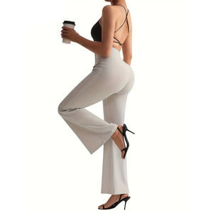 Legging évasé pour femmes avec taille croisée et poche, pantalon extensible pour le fitness et les vêtements décontractés, pantalon tissé évasé à taille haute pour femmes - Product Image 3