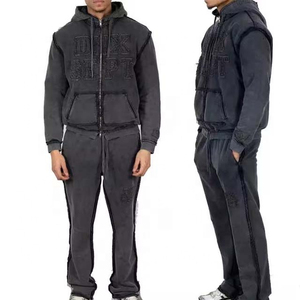 Survêtement à fermeture éclair lavé à l'acide lourd Vintage French Terry Hoodie Sweatpants Set Custom Pure Cotton Straight Leg Flared Winter - Product Image 1