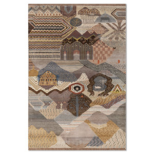 Alfombra Manchaha Beige y Marrón de Lana y Seda de Bambú Anudada a Mano Les-2800 con Diseño de Patchwork para Uso Doméstico - Product Image 1