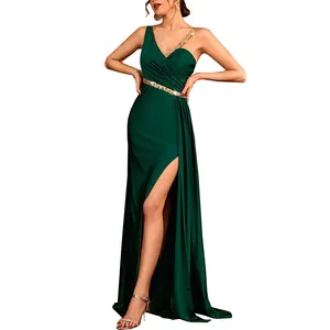 Sexy Open Back Zipper Sleeveless Green Prom Evening Gowns Contrast Sequin Asymmetrical Neck Split Ruffle Long Bridesmaid Dress