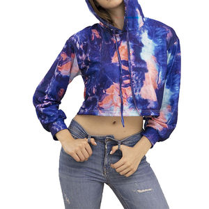 Sweat à capuche court imprimé tie dye pour femmes en gros sweat à capuche court imprimé par sublimation personnalisée vêtements de sport décontractés sweat à capuche dames - Product Image 3