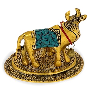 Statue de vache avec mollet de 4 pouces, décoration indienne artisanale, travail de pierre pour cadeau de retour, cadeaux antiques en métal - Product Image 2