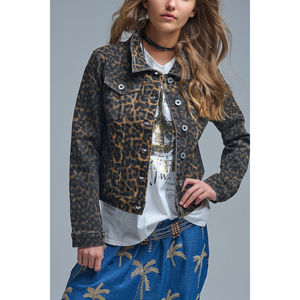 Veste en jean décontractée style streetwear à imprimé léopard avec délavage vieilli, décoration gothique en strass et sequins, détail boutons et ceinture - Product Image 1