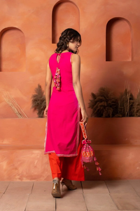 Ensemble Kurta Dhoop Chhaav en coton rose orange avec dupatta en mousseline imprimée, robe décontractée pour adulte, taille naturelle, ajouré - Product Image 2