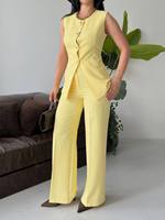 Ensemble tailleur élégant jaune sans bretelles pour femme, motif floral, en toile de laine/nylon écologique, coupe classique, longueur complète ou courte
