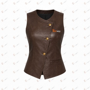 Tiierwear Women's <b>Brown</b> PU Leather Asymmetric <b>Vest</b> With Button Closure Front Logo Outer Wear - Product Image 5