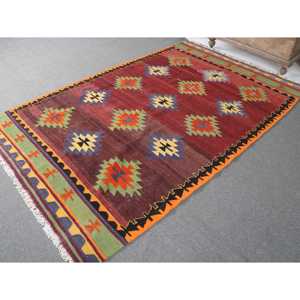 พรมตุรกีโบราณขนาดใหญ่ 5.1x8.4 ฟุต (156x257 ซม.) พรมคิลิมสีแดงไล่เฉด - Product Image 2