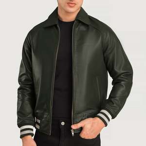 Walton Casual Green Leather Varsity <b>Jacket</b> with <b>Sheepskin</b> Cowhide Hoodie Collar Zippered ODM Supplied for Autumn Season XS Size - Product Image 3
