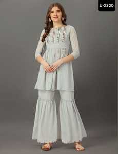 Traje étnico indio Georgette Sharara para mujer hermoso encaje Kurtis con espejo trabajo cuello patrón ropa paquistaní - Product Image 6