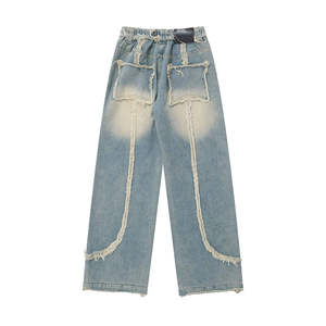 Pantalons en jean pour hommes, jeans droits pour hommes, denim élégant, vêtements de rue pour hommes, pantalon en patchwork lavé, service OEM - Product Image 2