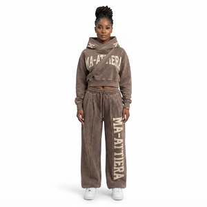 Conjunto de Sudadera Corta con Capucha y Pantalones Anchos de Felpa de Algodón con Lavado Ácido para Mujer, Estilo Urbano, Venta al por Mayor OEM - Product Image 1
