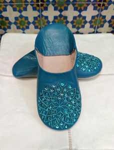 Wholesale Teal Blue Sequin Moroccan Leather Babouche Slippers Beaded Oriental Mules Round Toe House <b>Shoes</b> multiple colors - Product Image 2